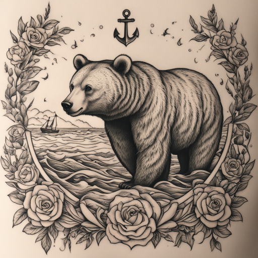 in the style of Anchor Tattoo, with a tattoo of Bear