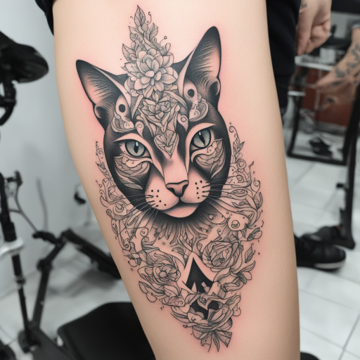 in the style of Surrealism Tattoo, with a tattoo of Cat