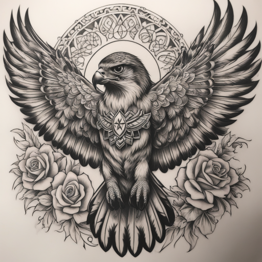 in the style of Chicano Tattoo, with a tattoo of Falcon