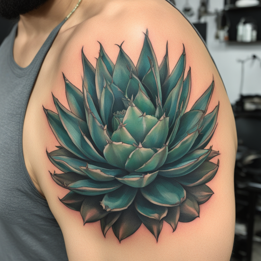 in the style of Illustrative Tattoo, with a tattoo of Agave