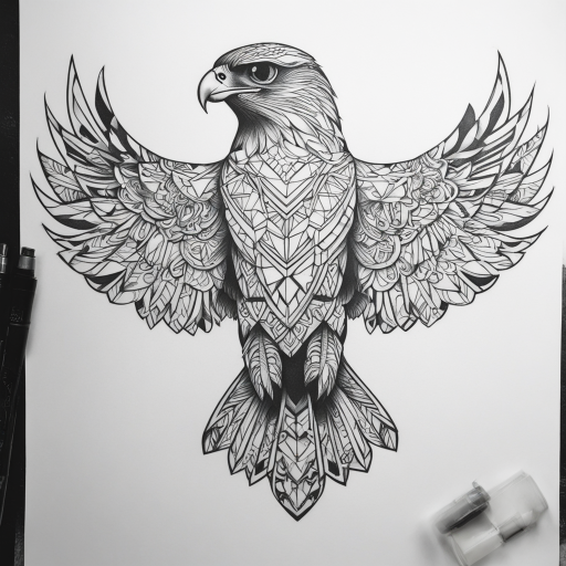 in the style of Geometric Tattoo, with a tattoo of Falcon