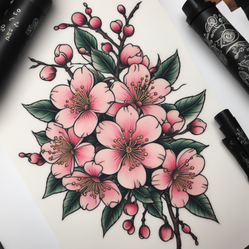 in the style of Neo Traditional Tattoo, with a tattoo of Cherry Blossom