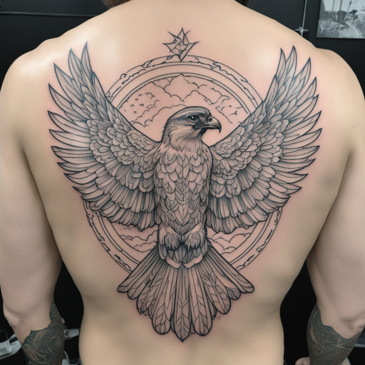 in the style of Fineline Tattoo, with a tattoo of Falcon