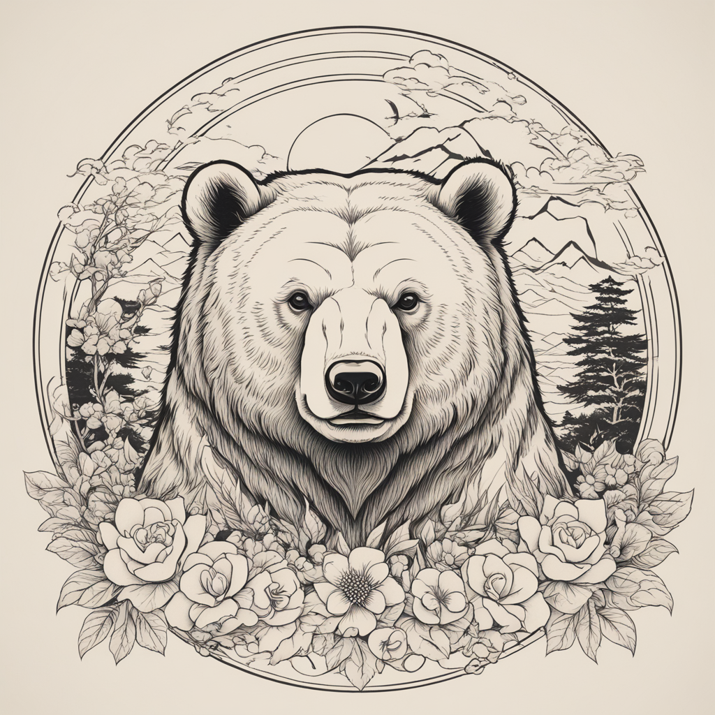 in the style of Japanese Tattoo, with a tattoo of Bear