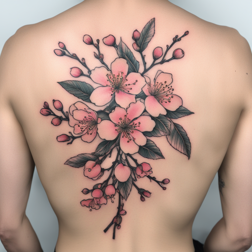 in the style of Illustrative Tattoo, with a tattoo of Cherry Blossom