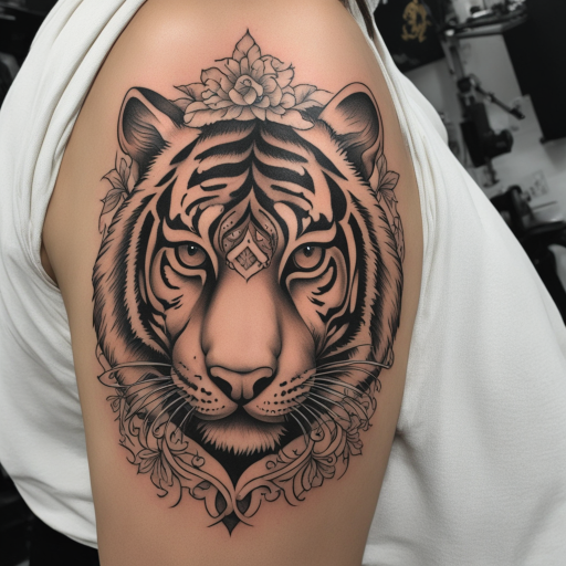 in the style of Chicano Tattoo, with a tattoo of Tiger