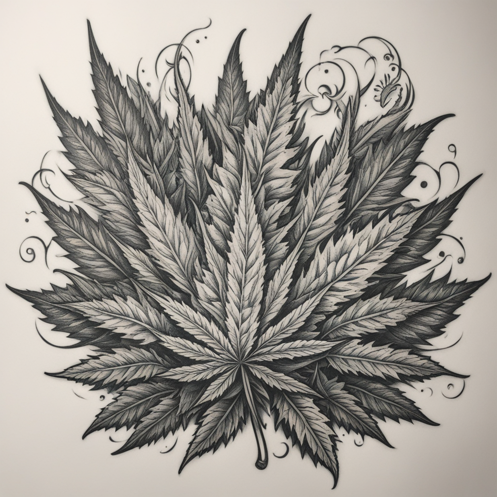 in the style of Chicano Tattoo, with a tattoo of Cannabis Leaf
