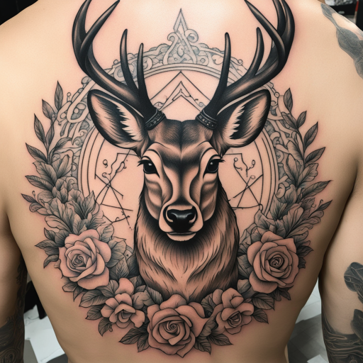 in the style of Chicano Tattoo, with a tattoo of Deer