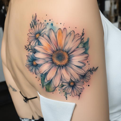 in the style of Watercolor Tatoo, with a tattoo of Daisy