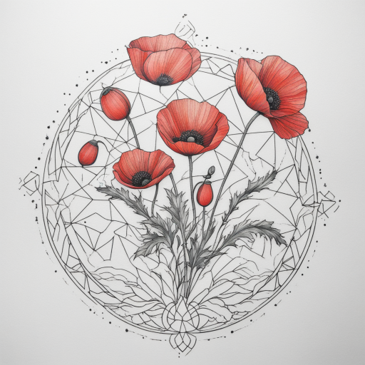 in the style of Geometric Tattoo, with a tattoo of Red Poppy