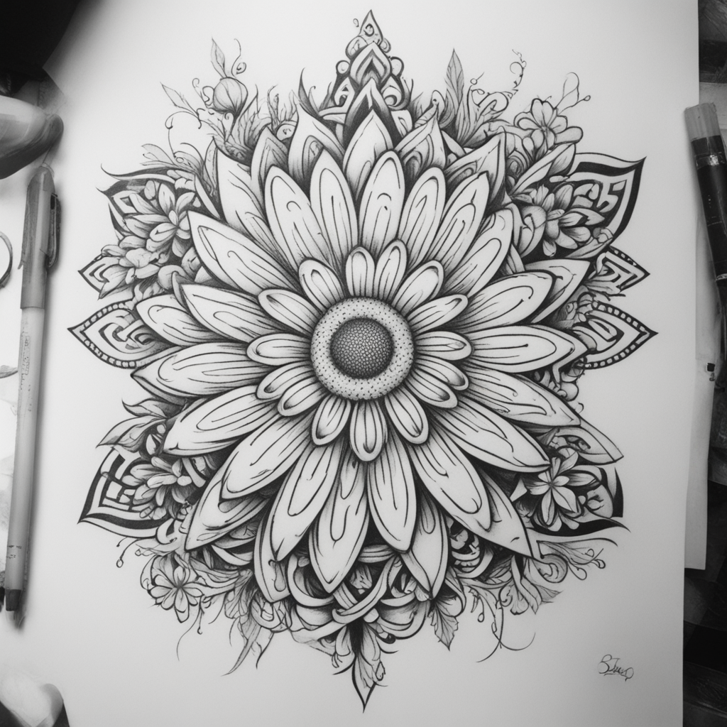 in the style of Types Of Tribal Tattoo, with a tattoo of Daisy