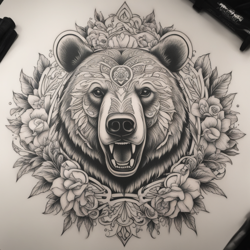 in the style of Chicano Tattoo, with a tattoo of Bear