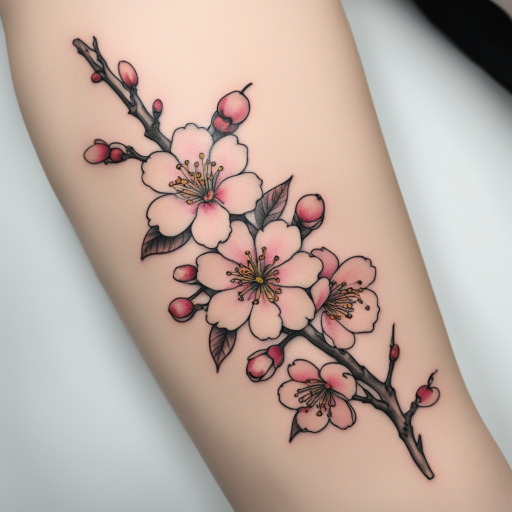 in the style of Kleine Tattoo, with a tattoo of Cherry Blossom