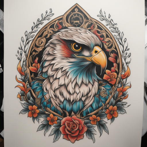 in the style of Neo Traditional Tattoo, with a tattoo of Falcon