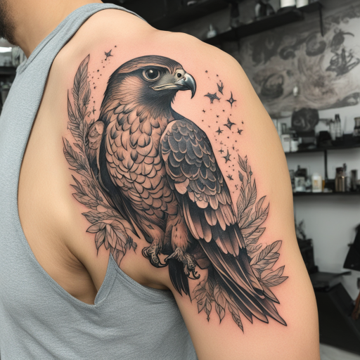 in the style of Illustrative Tattoo, with a tattoo of Falcon