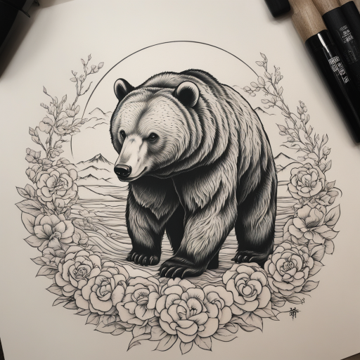 in the style of Japanese Tattoo, with a tattoo of Bear