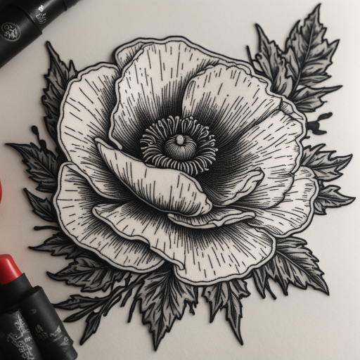 in the style of Patch Tattoo, with a tattoo of Red Poppy