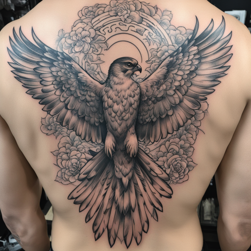 in the style of Japanese Tattoo, with a tattoo of Falcon