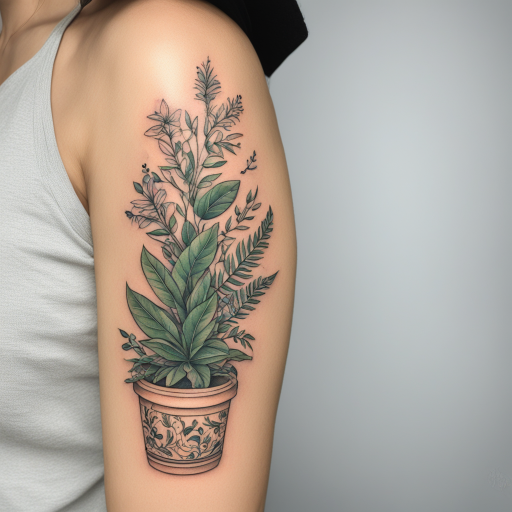 in the style of Illustrative Tattoo, with a tattoo of Potted Plant
