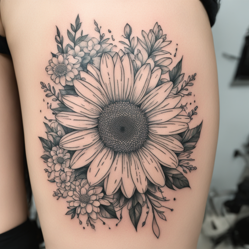 in the style of Geometric Tattoo, with a tattoo of Daisy