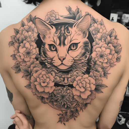 in the style of Japanese Tattoo, with a tattoo of Cat