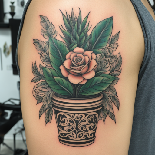 in the style of Chicano Tattoo, with a tattoo of Potted Plant