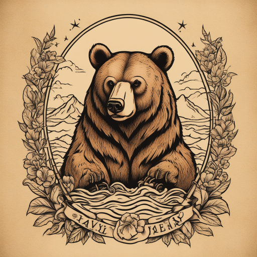 in the style of Sailor Jerry Tattoo, with a tattoo of Bear