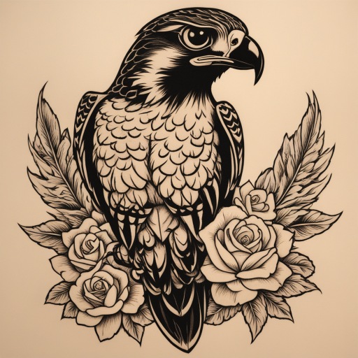 in the style of Sailor Jerry Tattoo, with a tattoo of Falcon