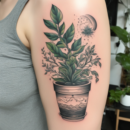 in the style of Surrealism Tattoo, with a tattoo of Potted Plant