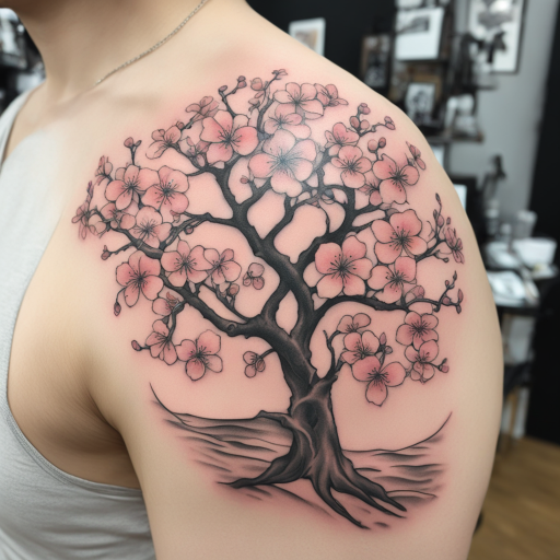 in the style of Surrealism Tattoo, with a tattoo of Cherry Blossom