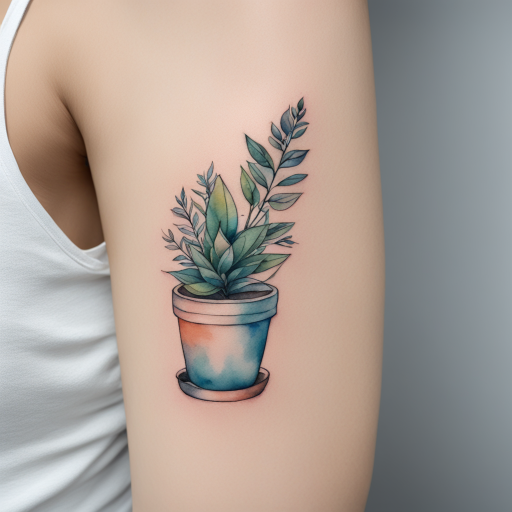 in the style of Watercolor Tatoo, with a tattoo of Potted Plant