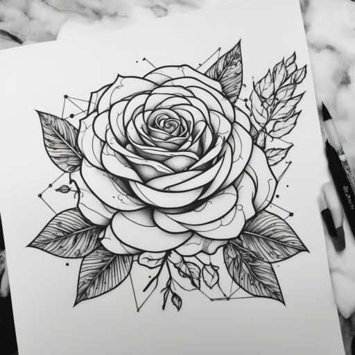 in the style of Geometric Tattoo, with a tattoo of Rose