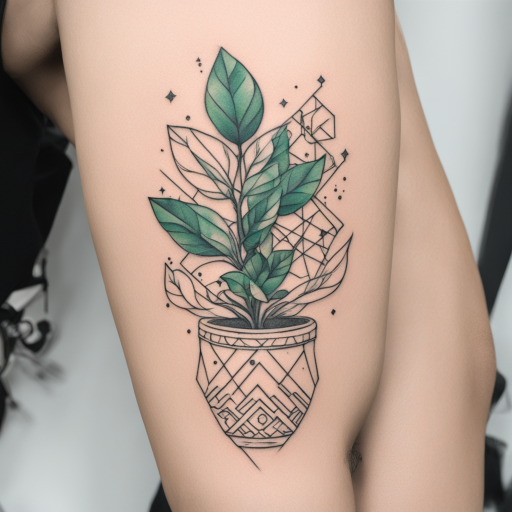 in the style of Geometric Tattoo, with a tattoo of Potted Plant