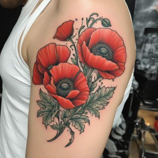 in the style of Neo Traditional Tattoo, with a tattoo of Red Poppy