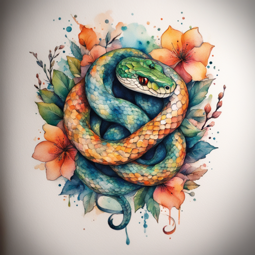 in the style of Watercolor Tatoo, with a tattoo of Snake