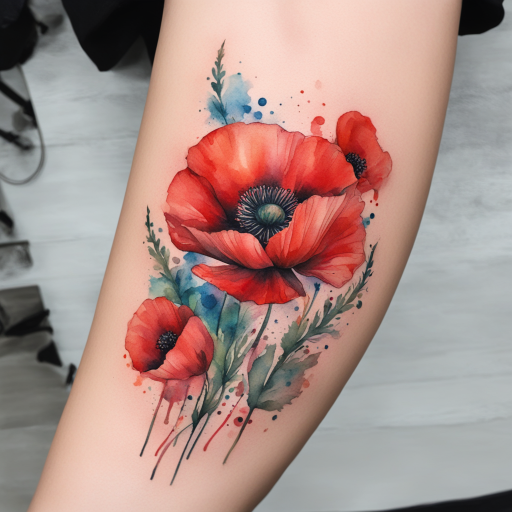 in the style of Watercolor Tatoo, with a tattoo of Red Poppy