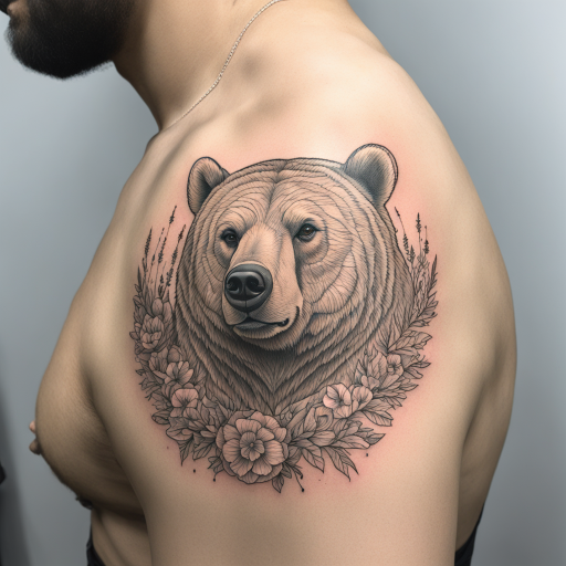 in the style of Fineline Tattoo, with a tattoo of Bear