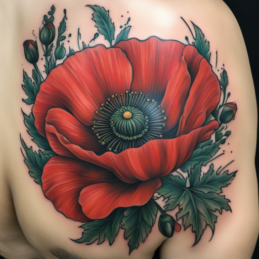 in the style of Chicano Tattoo, with a tattoo of Red Poppy