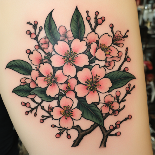 in the style of Sailor Jerry Tattoo, with a tattoo of Cherry Blossom