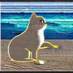 "Create an image of a playful cat on the beach. The cat is wandering through the sand