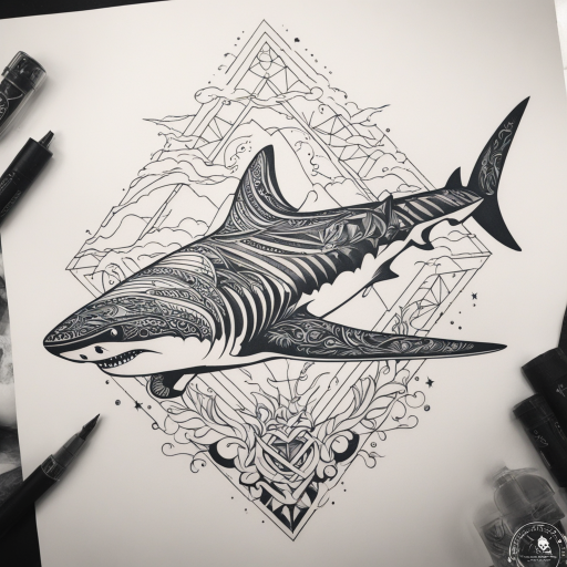 in the style of Geometric Tattoo, with a tattoo of Shark