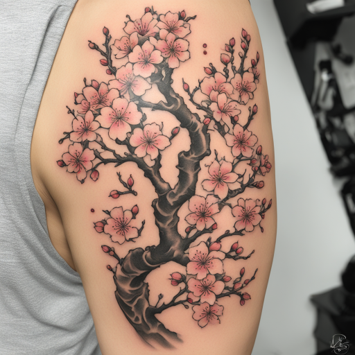 in the style of Japanese Tattoo, with a tattoo of Cherry Blossom