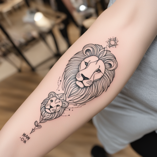 in the style of fineline tattoo, with a tattoo of The name Lavie and style of a lion baby take hand of mom and dad
