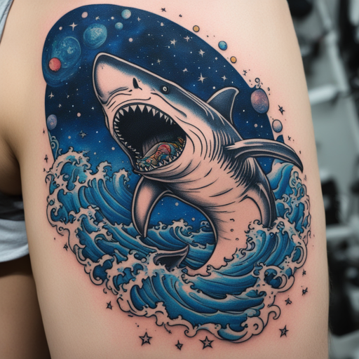 in the style of patch tattoo, with a tattoo of giant shark eating the milky way galaxy 