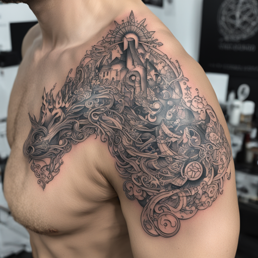 in the style of surrealism tattoo, with a tattoo of norse mythology