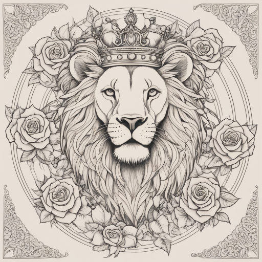 in the style of fineline tattoo, with a tattoo of A lion wearing a crown