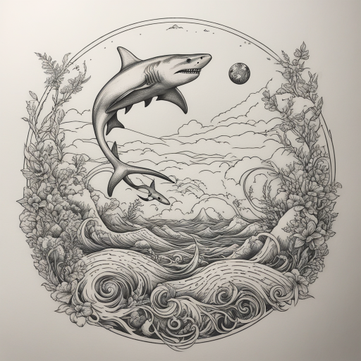 in the style of fineline tattoo, with a tattoo of Hammerhead Shark eating the earth