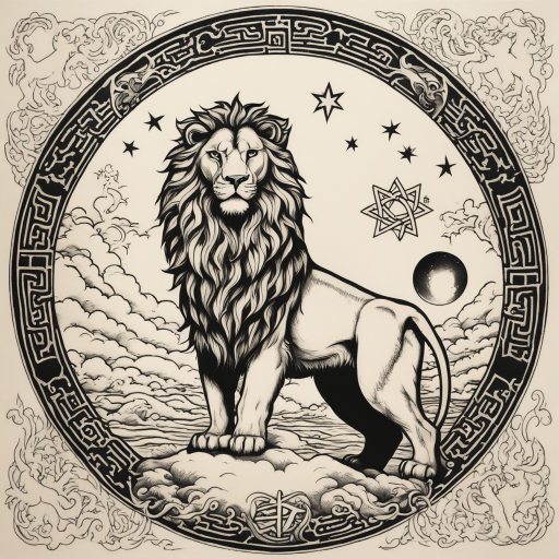 in the style of japanese tattoo, with a tattoo of The lion of judah standing on the moon with a star of David incorporated in the background of the moon