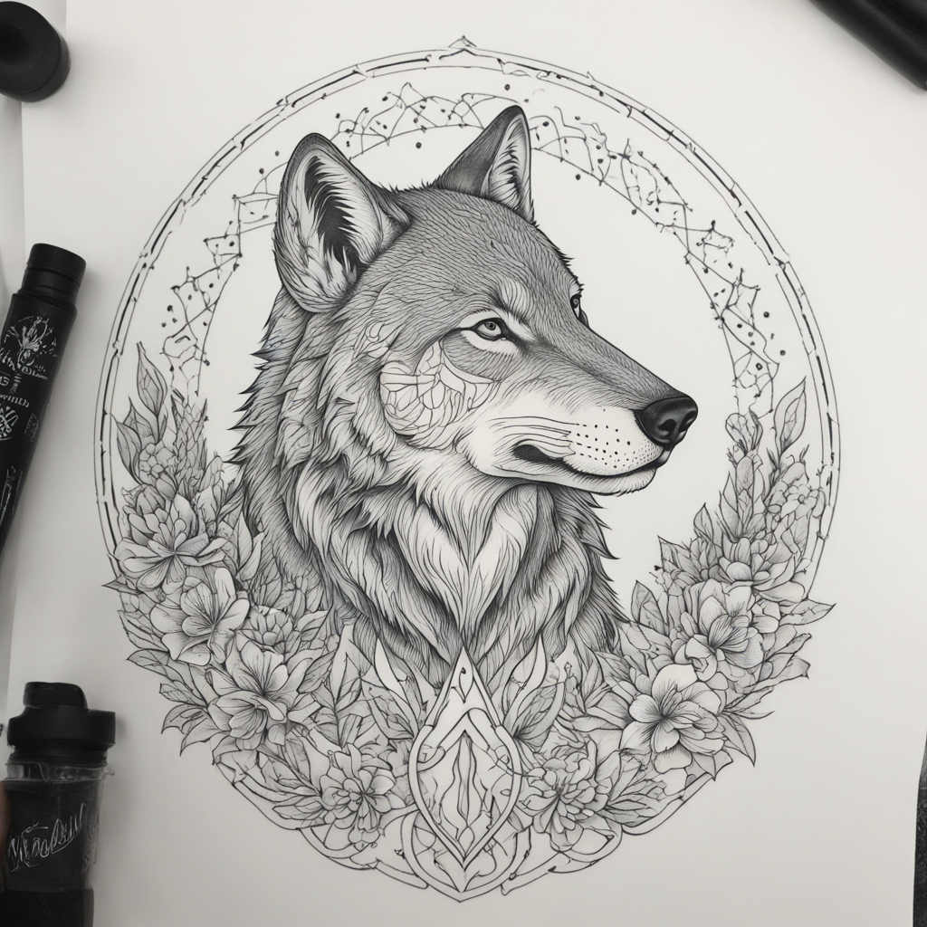 in the style of fineline tattoo, with a tattoo of Wolf