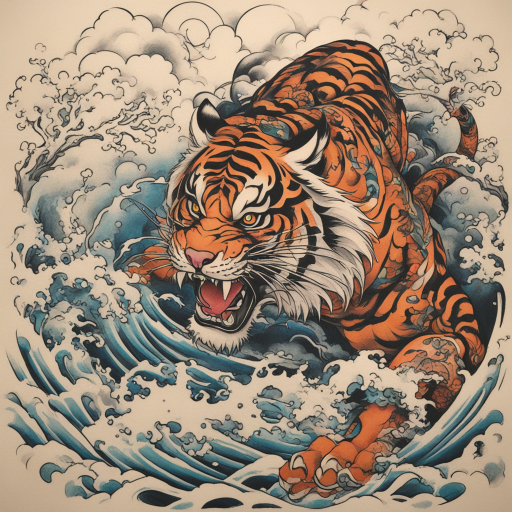 in the style of japanese tattoo, with a tattoo of abstract japanese tiger fighting a dragon
